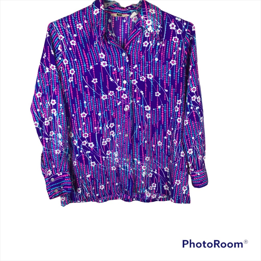 Vintage 60s 70s Bright Floral Pop Art Blouse